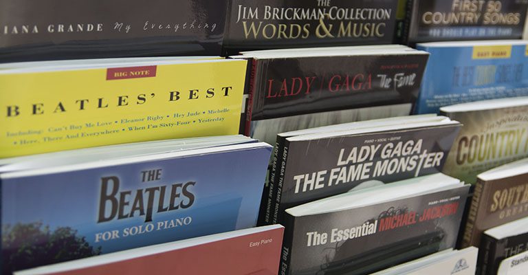 A sheet music display from the Watertown White House of Music store
